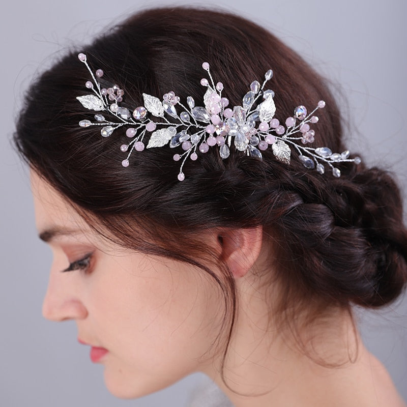 Flytonn Trendy Rhinestone Crystal Leaf Bridal Hair Comb Women Handmade Wedding Headdress Hair Accessories Party Headpiece Tiara for Girl