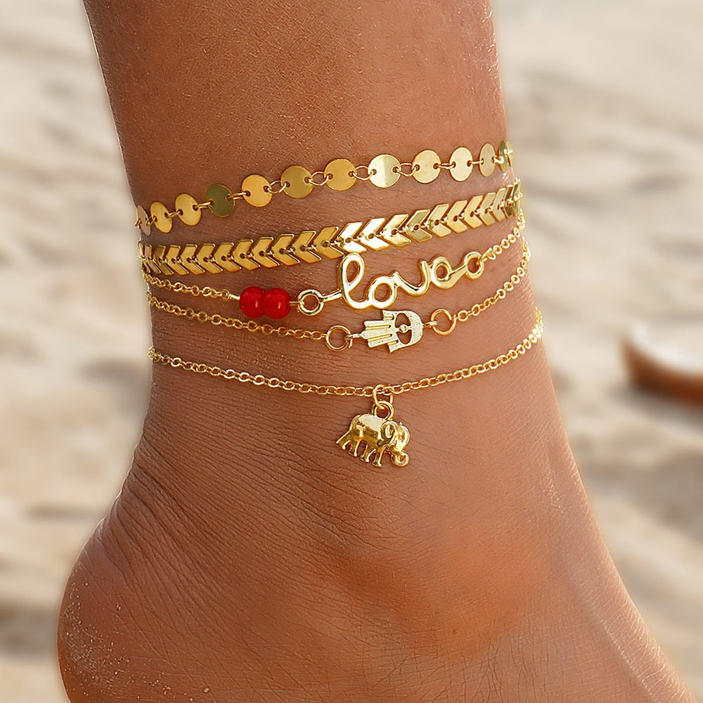 Flytonn Bohemia Gold Color Snake Ankle Bracelet Set For Women Butterfly Key Lock Charm Multiple Styles Anklet Chain On Leg Boho Jewelry