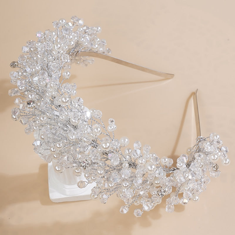 Flytonn  Luxury Pearl Crystal Bridal Crown Headpieces Handmade Party Wedding Hair Accessories Vintage Rhinestone Women Headband Tiaras