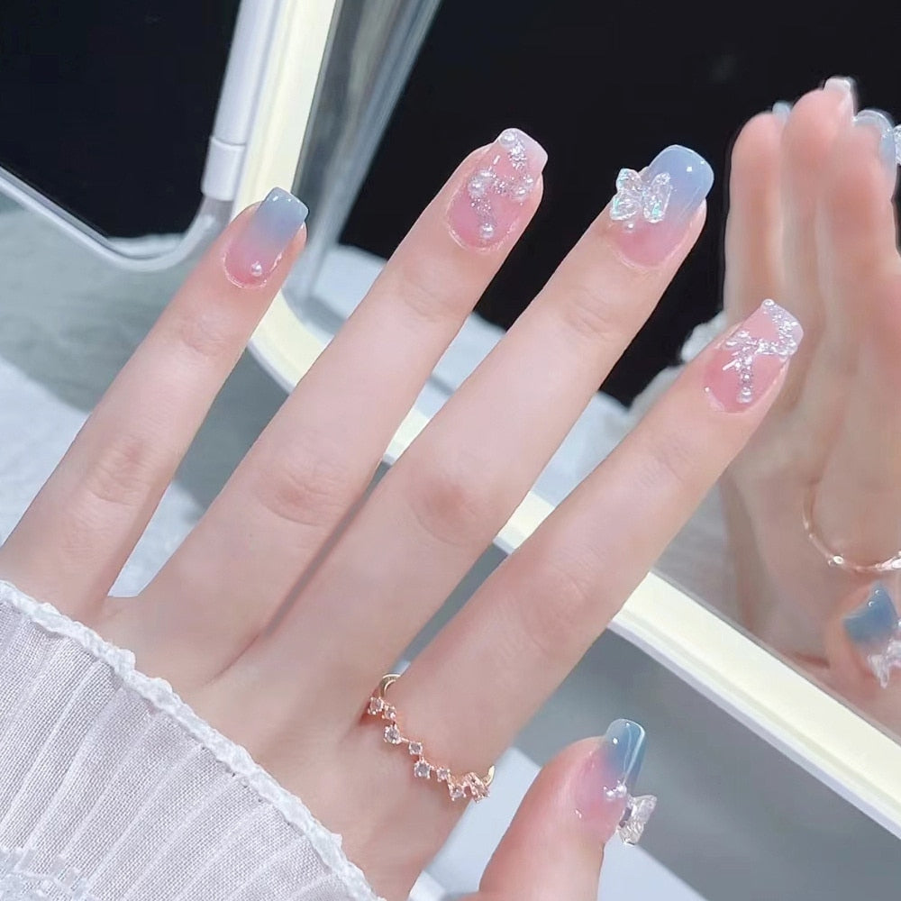 Flytonn 24Pcs Korean Fake Nails Set Press On Short French Glitter Shiny Butterfly Detachable Rhinestones False Nail Full Cover Nail Tips