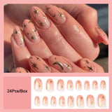 Flytonn  French Star Moon False Nails Set Press On Wearable Full Cover Fake Nails Tips With Design Short Round Head Artificial Nails