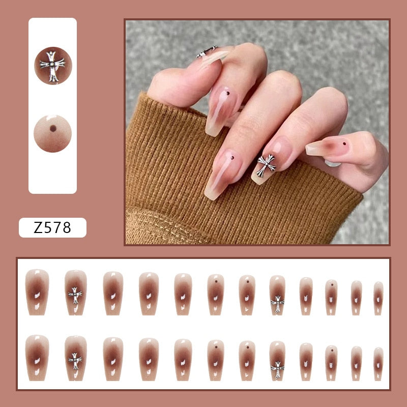 Flytonn 24pcs Cross Y2k Nails Set Press on Nails Korean Fake Nails With Rhinestones Wearable Long Coffin Gradient French False Nail Tips