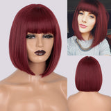 Flytonn Synthetic Short Brown Bob Wig With Bangs Natural Straight Black Red Pink Orange Wig For Women Party Cospaly Hair