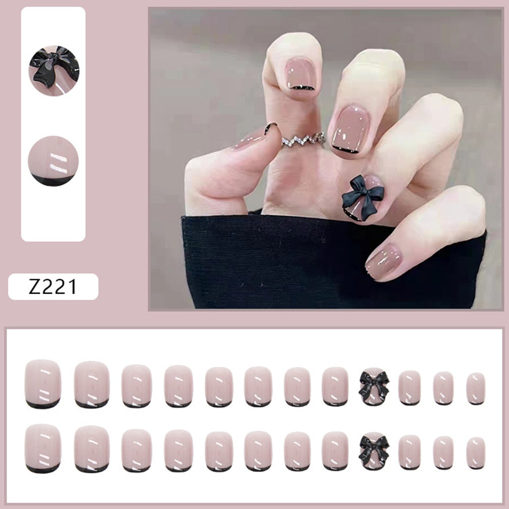 Flytonn 24pcs/set Bow False Nails With Glue Simple French Short Square Butterfly False Nails Press On Nails Elegant Fingernails Stickers