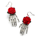 Flytonn Gothic Earring,Skeleton Hands,Red Roses,Antique Silver Color,Alternative Jewelry,Gothic Gift,Handmade Earrings,Christmas Jewelry