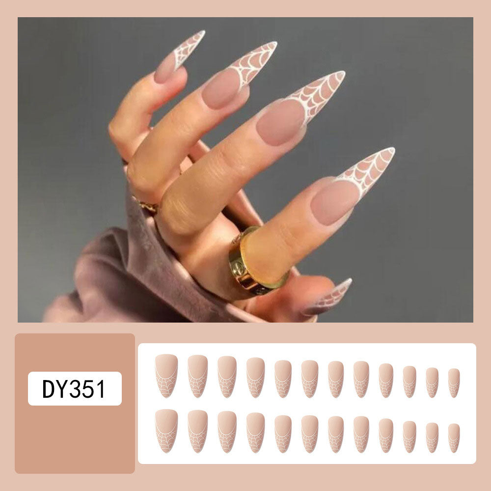 Flytonn Matte Press On Long Stiletto Almond Shape False Nails Full Cover Nude Color Frosted Fake Nails With Cob-web Designs Nail Tips