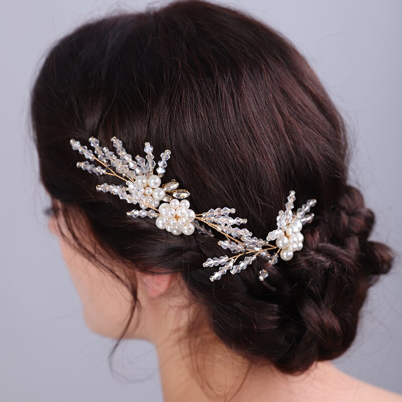 Flytonn Handmade Vintage Bohemian Crystal Headpiece Wedding Hairpins Headdress 3PCS Fashion Pearl Flower Bridal Hair Accessories Tiaras