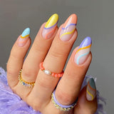 Flytonn New Rainbow Color French Tips Fashion Almond Fake Nails With Designs Wearable False Nails Press On Nails DIY Manicure Patches