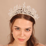 Flytonn Luxury Pearl Crystal Bridal Crown Fashion Wedding Hair Accessories for Women Tiaras Handmade Party Prom Hair Jewelry Headpiece