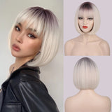 Flytonn Synthetic Short Brown Bob Wig With Bangs Natural Straight Black Red Pink Orange Wig For Women Party Cospaly Hair