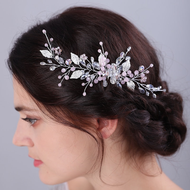 Flytonn Trendy Rhinestone Crystal Leaf Bridal Hair Comb Women Handmade Wedding Headdress Hair Accessories Party Headpiece Tiara for Girl