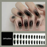 Flytonn 24Pcs/Box Black Glossy False Nails Press On Nails Fashion Simple French Tips DIY Manicure Coffin Fake Nails With Designs