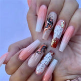 Flytonn Fashion Blooming Long Ballerina Nail Tips French Coffin Fake Nails Set Press On Pink Gradient False Nails With Designs Manicure