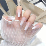 Flytonn 24pcs Nude Color False Nails Set Press On Long Coffin Ballet Nails Wearable Full Cover White Gradient Artificial Fake Nail Tips