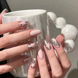 Flytonn 24pcs Fake Nails Y2k Metal Texture Nails Press On With Glue Full Cover False Nails Silver Pink Hollow Star Decoration Nail Art