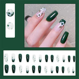 Flytonn Green Glossy French Tips Coffin Fake Nails With Designs Lovely White Flower Ballerina False Nails Press On Nails DIY Manicure