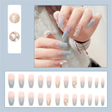 Flytonn Fashion Pink Blue Blooming French Tips Coffin Fake Nail Tips With Designs Ballerina False Nails Set Press On Nails DIY Manicure