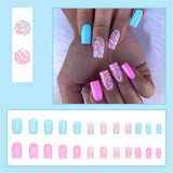 Flytonn  Square Head False Nails With Designs French Blue Fringe Nails Set Press On Summer Thin French Tips Detachable Fake Nail Tips