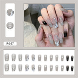 Flytonn 24pcs Cool Girl False Nails Press On Long Coffin Square Ballet Nail Tips Full Cover Acrylic Fake Nail With Black Gradient Design