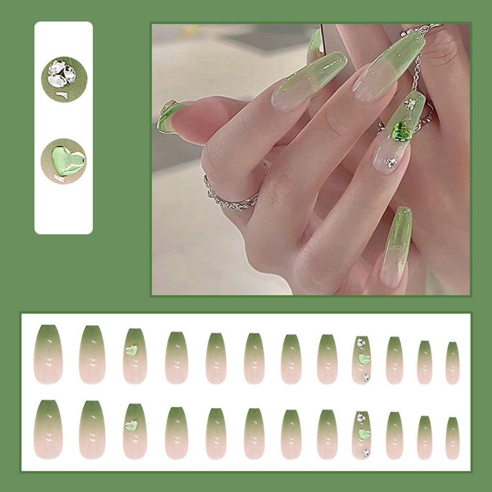 Flytonn Fake Nails Set with Designs Blue Green Diamond Gradient False Nail Art Accesoires Nail Charms Nail Supplies for Professionals