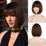 Flytonn Synthetic Short Brown Bob Wig With Bangs Natural Straight Black Red Pink Orange Wig For Women Party Cospaly Hair