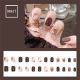 Flytonn 24pcs/set Fake Nails Short Square Deep Coffee Jump Color Press On False Nails With Charms Designs Full Cover Manicure Nail Tips