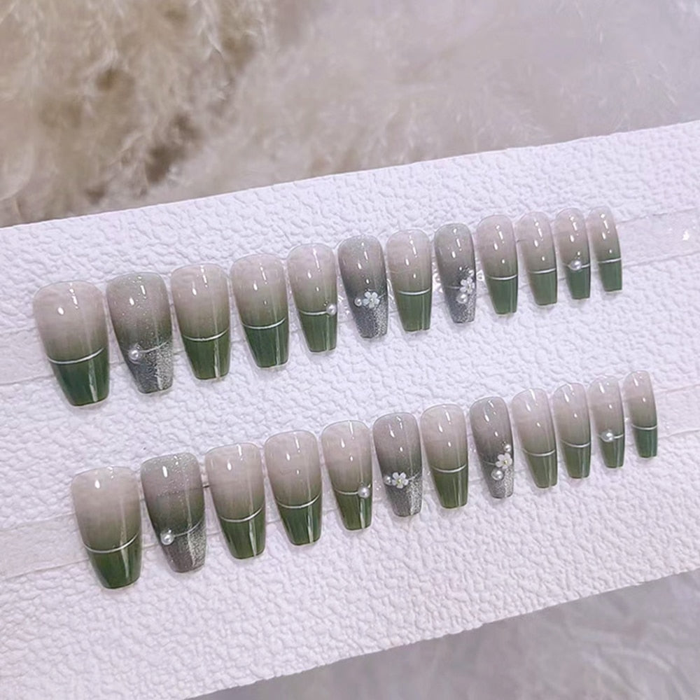 Flytonn 24pcs Long Ballet French False Nails With Gradient Green Crystal Design Glitter Cat's Eye Fake Nail Tips Wearable Press On Nails