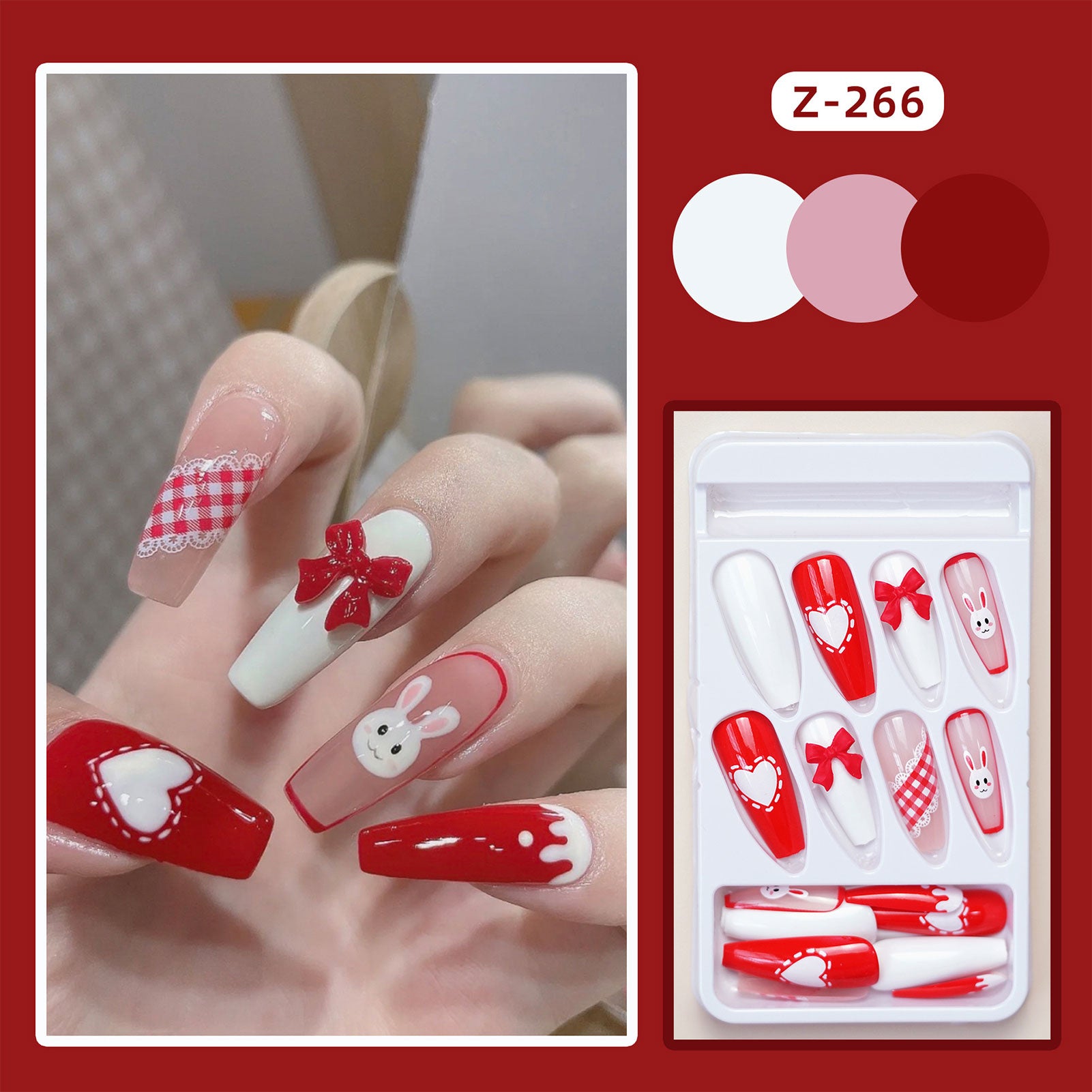 Flytonn 24pcs Rococo Style Fake Nails Press On y2k With Cute Animal Pattern Rabbit Designs French False Nail Stickers Manicure Nail Tips