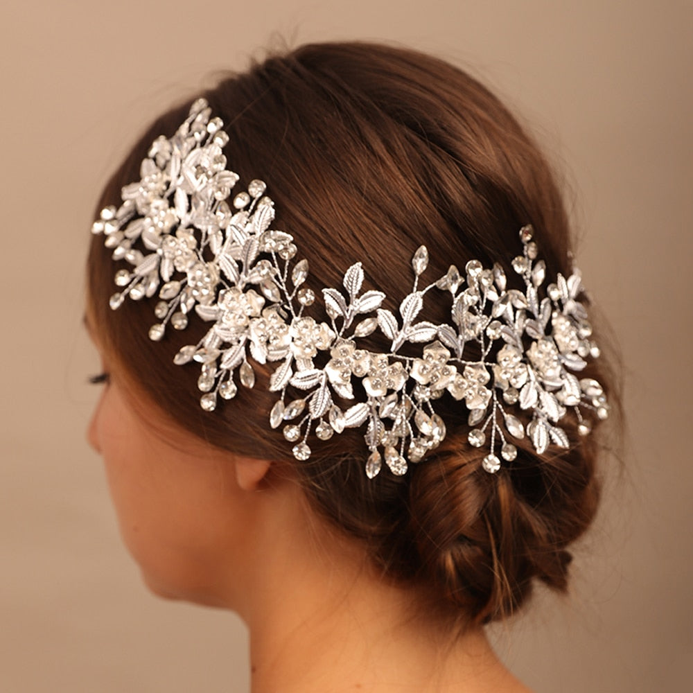 Flytonn  Luxury Rhinestone Bridal Headpiece Wedding Hair Accessories Brides Tiara Headband Silver Color Flower Headband Prom Hair Jewelry