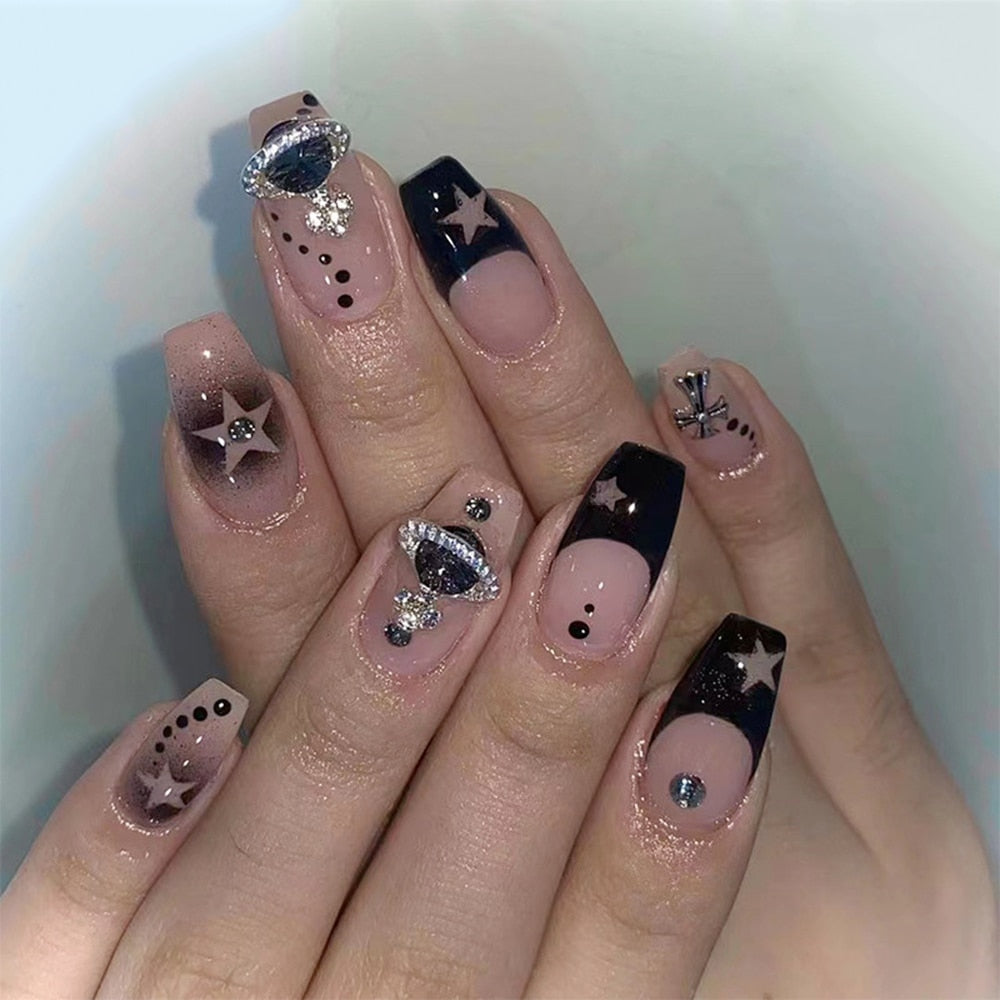 Flytonn Fall/Winter Ambiance  Y2K Silver French Style Fake Nails Wearable False Nails 3D Saturn Cross Designs Diamond Full Cover Press On Long Coffin Nails