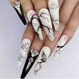 Flytonn  Antiquity Auspicious Clouds False Nail Tips With Designs Chinese Brush Painting Long Ballerina Fake Nails Set Press On Nails