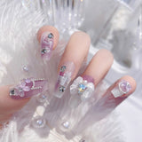 Flytonn 24pcs Rhinestone Design Fake Nails Shiny Bridal Women Lady party nail DIy Decorations Press On nail Tips False Nail Patch