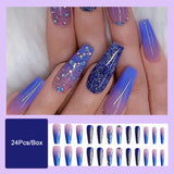 Flytonn Long Ballerina Fake Nails With Designs Fashion Dark Blue Glitter Manicure French Coffin False Nails Patches Press On Nails