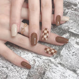 24pcs Nails Free Shipping Long Brown Press On Nails Cute Checkerboard Design Fake Nails Full Coverage Artificial For Women