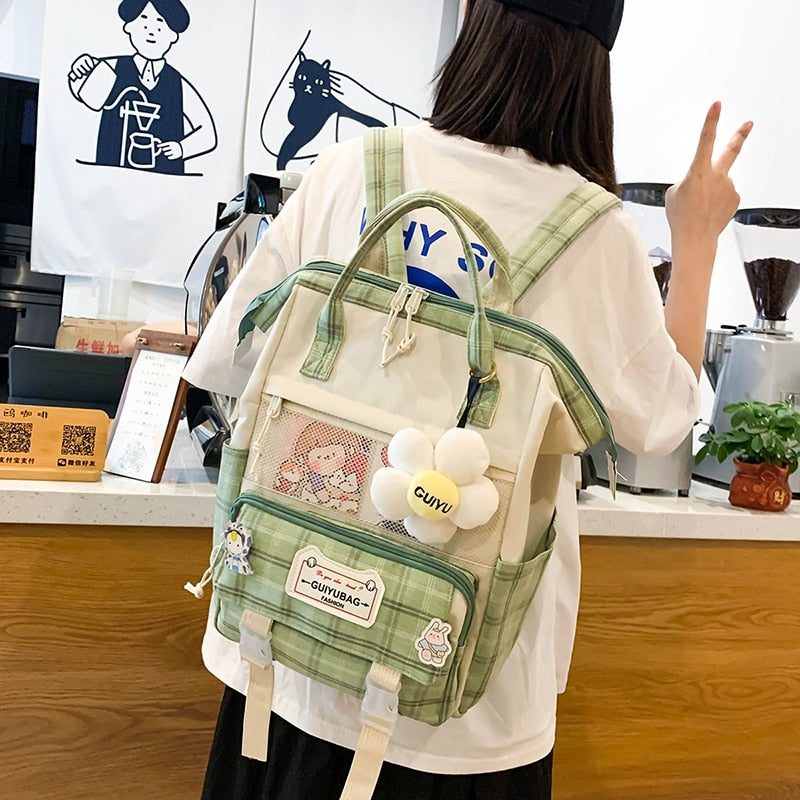 Back to school 5 Set Women Backpack Harajuku Plaid School Bags For Teenage Girls Boy Kawaii College Student Kids Book Bagpack Rucksack 2022 New