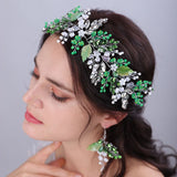 Flytonn Green Luxury Elegant Rhinestone Leaf Floral Bradal Headband Set Crystal Women Handmade Wedding Headpieces Party Hair Accessories