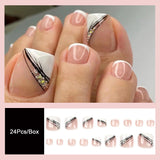 Flytonn 24Pcs Fake Toe Nails Set Press On French White Fringe Toenails Tips Short Square Head False Toe Nails With Designs DIY Pedicure