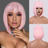 Flytonn Synthetic Short Brown Bob Wig With Bangs Natural Straight Black Red Pink Orange Wig For Women Party Cospaly Hair