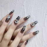 Flytonn Full Rhinestones Gradient Black Long Coffin Aurora False Nails Set Press On Ballerina Nails With Designs Diamond Fake Nail Tips