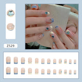 Flytonn 24pcs Sweet False Y2k Nails Fresh French Tips Wearable Fake Nails With Blue Stars Diamonds Designs Press On Coffin Square Nail
