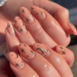 Flytonn  French Star Moon False Nails Set Press On Wearable Full Cover Fake Nails Tips With Design Short Round Head Artificial Nails