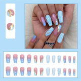 Flytonn Fashion Pink Blue Blooming French Tips Coffin Fake Nail Tips With Designs Ballerina False Nails Set Press On Nails DIY Manicure