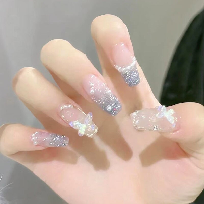 Flytonn Press on Nails Long with Designs Pink Rhinestones False Fake Nails Press On Coffin Artificial Nails for Women Stick on
