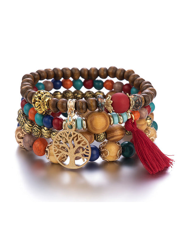 Flytonn-Bohemia Multi-Layer Wood Beads Handmade Tassels Bracelet
