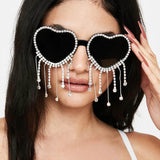 Flytonn-Grey Casual Sportswear Patchwork Tassel Rhinestone Sunglasses