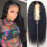 Flytonn-Black Fashion Casual Lace Water Deep Wave Lace Closure Wigs Middle Part Wet and Wavy Wigs