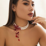 Flytonn-Dorothy Red Blood Pattern Pearl Tassel Pendant Necklace