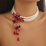 Flytonn-Dorothy Red Blood Pattern Pearl Tassel Pendant Necklace